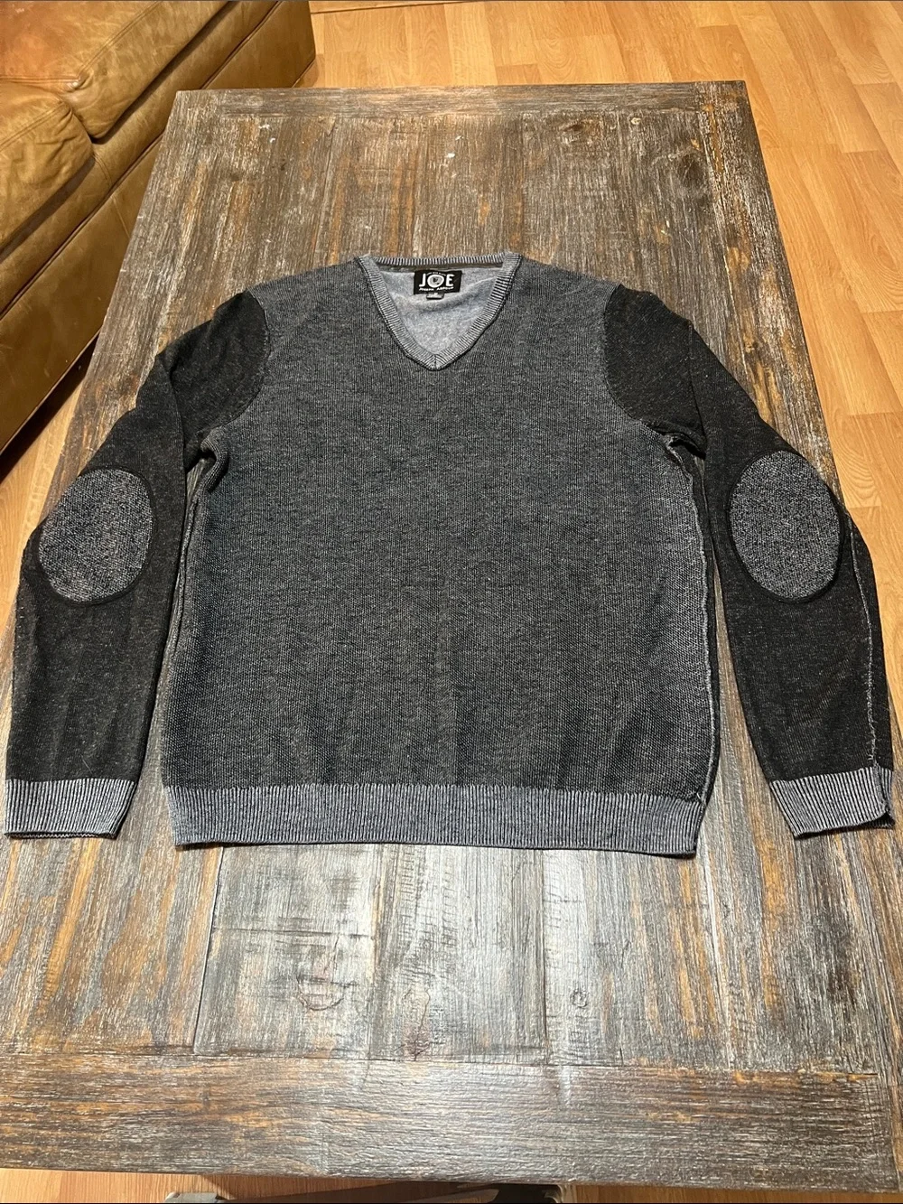 Joseph Abboud Two-Tone Gray V-Neck Sweater with Elbow Patches